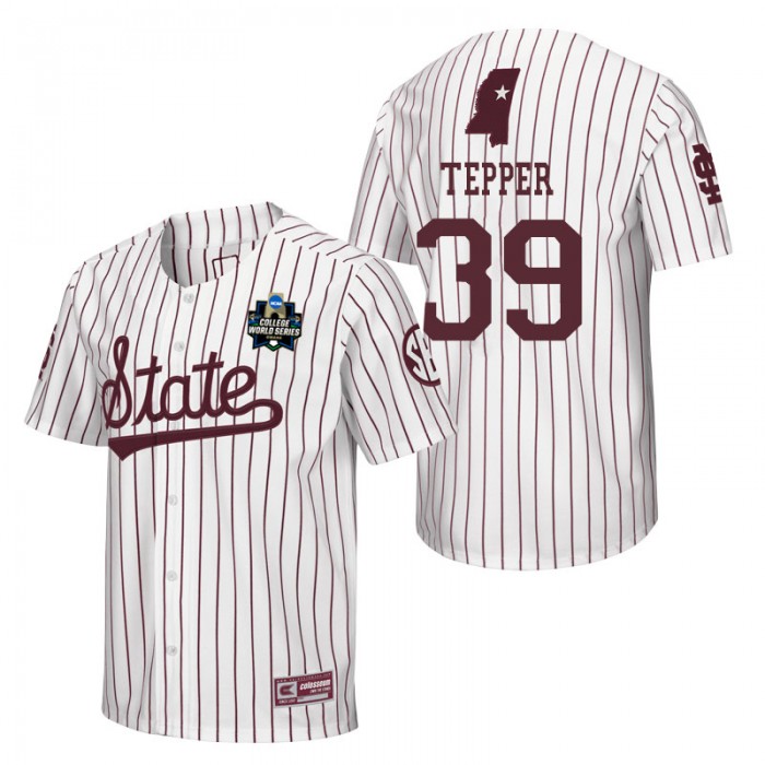 Mikey Tepper Mississippi State White 2021 College World Series Champions Pinstripe Baseball Jersey