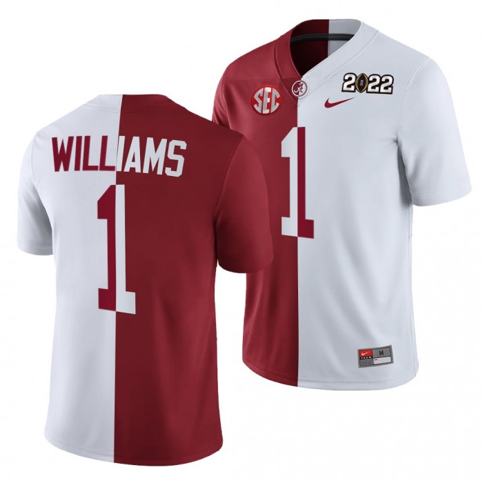 Alabama Crimson Tide Jameson Williams 2022 National Championship Jersey #1 Crimson White Split Edition Uniform