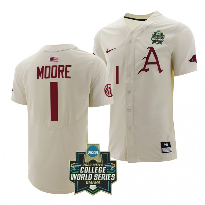 Robert Moore Arkansas Razorbacks #1 White 2022 College World Series Baseball Jersey