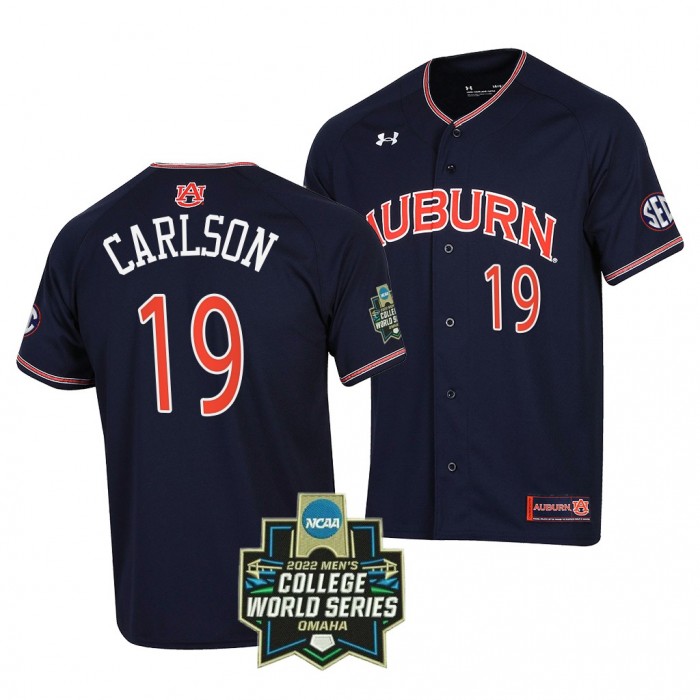 Auburn Tigers Brooks Carlson 2022 World Series Baseball Navy #19 Jersey