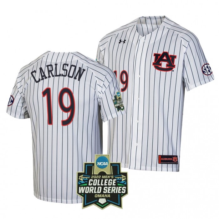 Auburn Tigers Brooks Carlson 2022 World Series Stripes White #19 Jersey