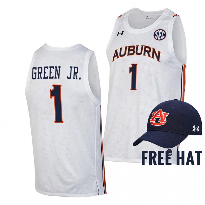 Wendell Green Jr. Auburn Tigers White Jersey 2021-22 College Basketball Free Hat Shirt