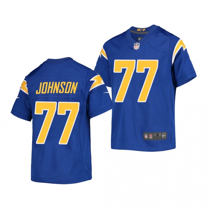 Zion Johnson #77 Los Angeles Chargers 2022 NFL Draft Royal Youth Alternate Jersey Boston College Eagles