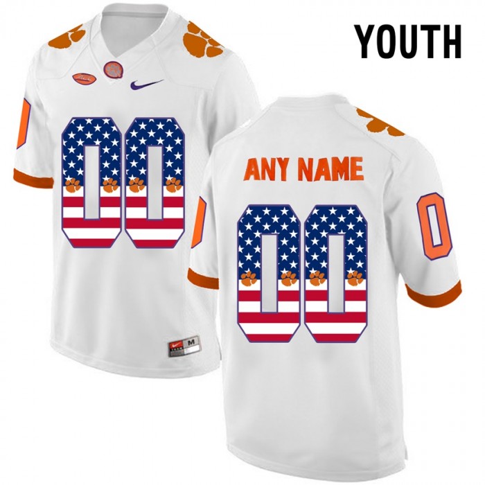 Youth Clemson Tigers #00 White College Football Custom Limited Jersey US Flag Fashion
