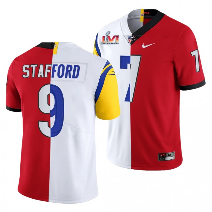 Matthew Stafford Super Bowl LVI Georgia Bulldogs X LA Rams #7 Red White Dual Teams Split Jersey