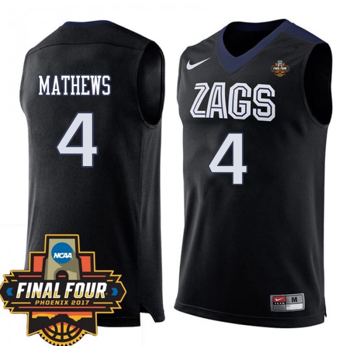 Gonzaga Bulldogs #4 Jordan Mathews Black NCAA Basketball 2017 Final Four Team Jersey