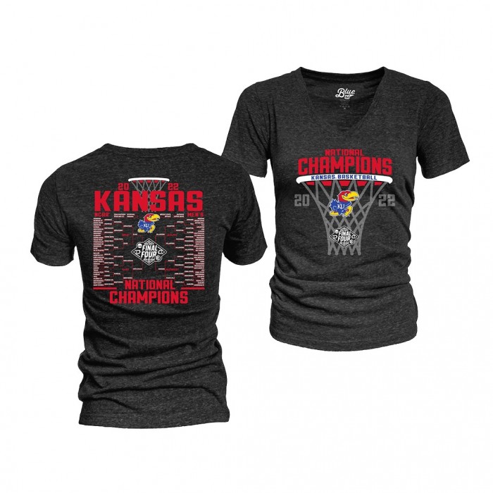 Kansas Jayhawks 2022 NCAA National Champions Black Bracket V-Neck T-Shirt Women