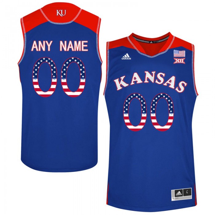Male Kansas Jayhawks #00 Royal Blue College Basketball US Flag Fashion Custom Jersey