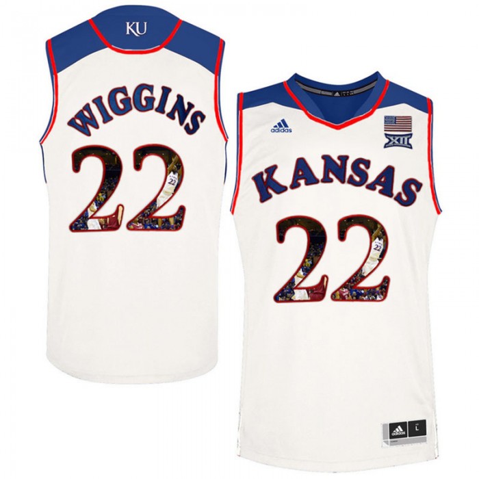 Male Kansas Jayhawks Andrew Wiggins White NCAA Basketball Jersey With Player Pictorial