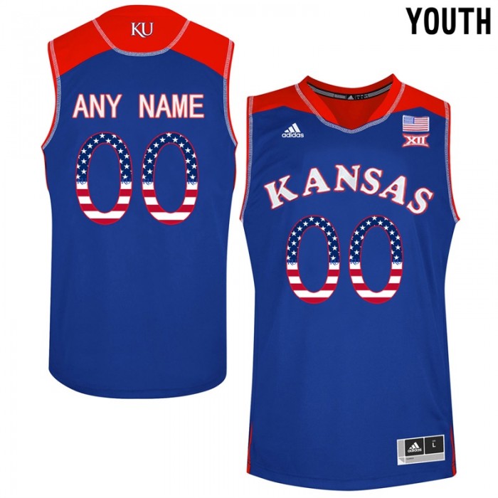 Youth Kansas Jayhawks #00 Royal Blue College Basketball US Flag Fashion Customized Jersey