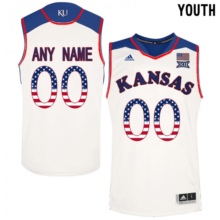 Youth Kansas Jayhawks #00 White College Basketball US Flag Fashion Customized Jersey