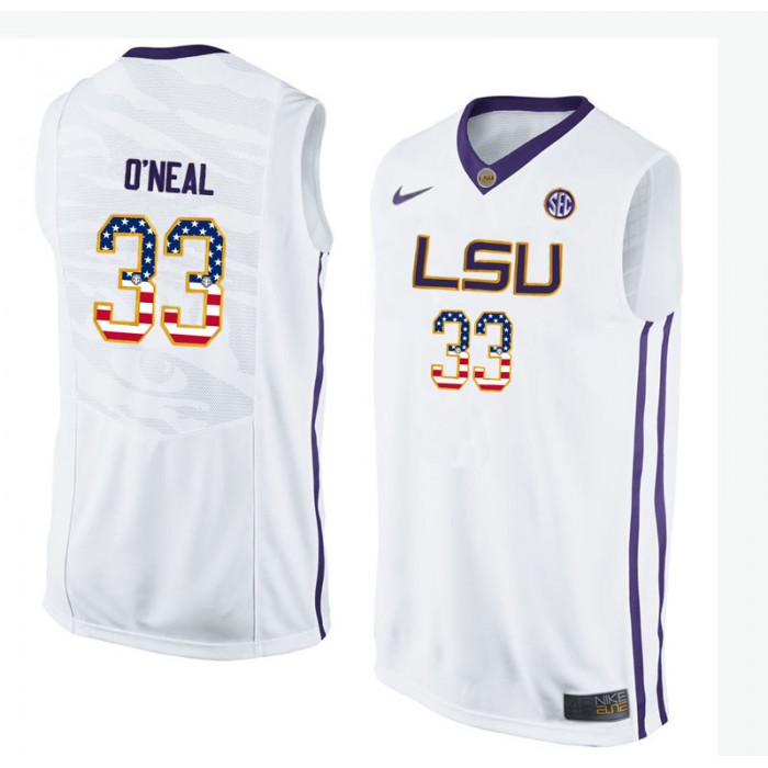 Male Shaquille O'Neal LSU Tigers White College Basketball Elite US Flag Jersey
