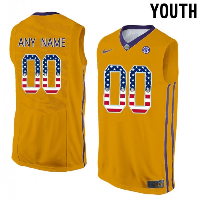 Youth LSU Tigers #00 Gold College Basketball US Flag Fashion Customized Jersey