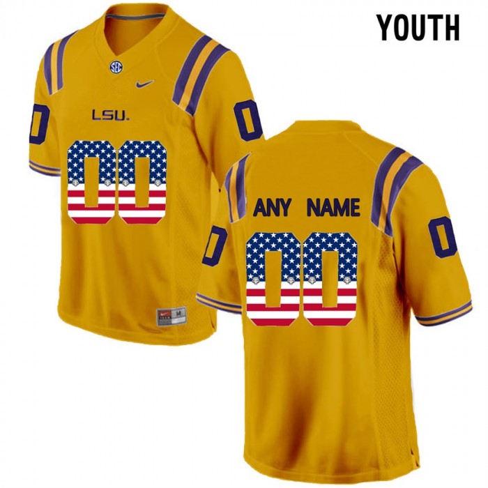 Youth LSU Tigers #00 Gold College Football Custom Limited Jersey US Flag Fashion
