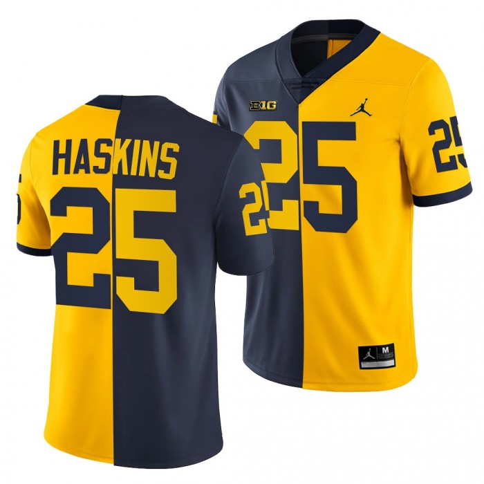 2021-22 Michigan Wolverines Hassan Haskins Split Edition Jersey Navy Maize