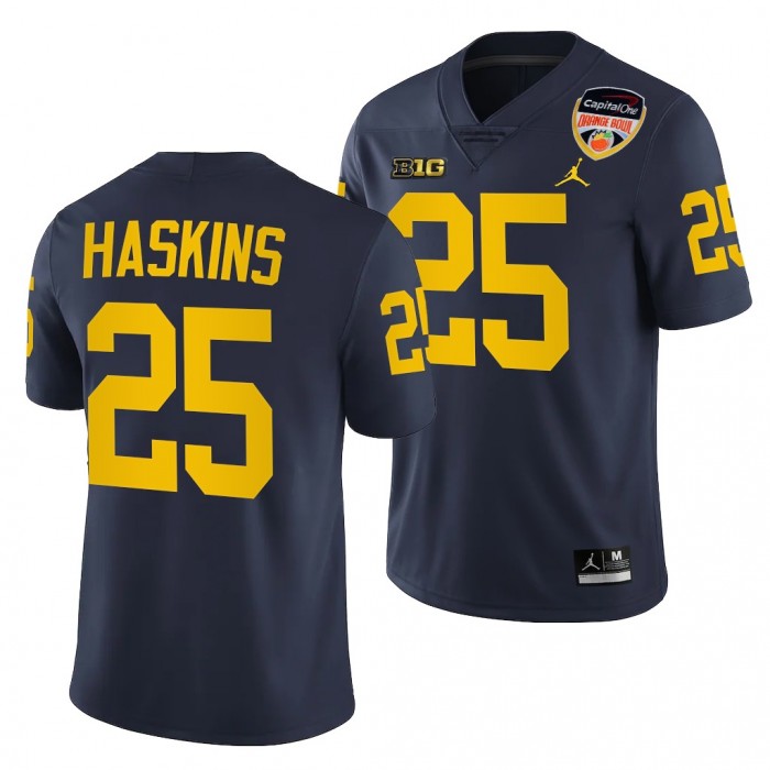 Michigan Wolverines Hassan Haskins 2021 Orange Bowl Jersey #25 Navy College Football Playoff Uniform