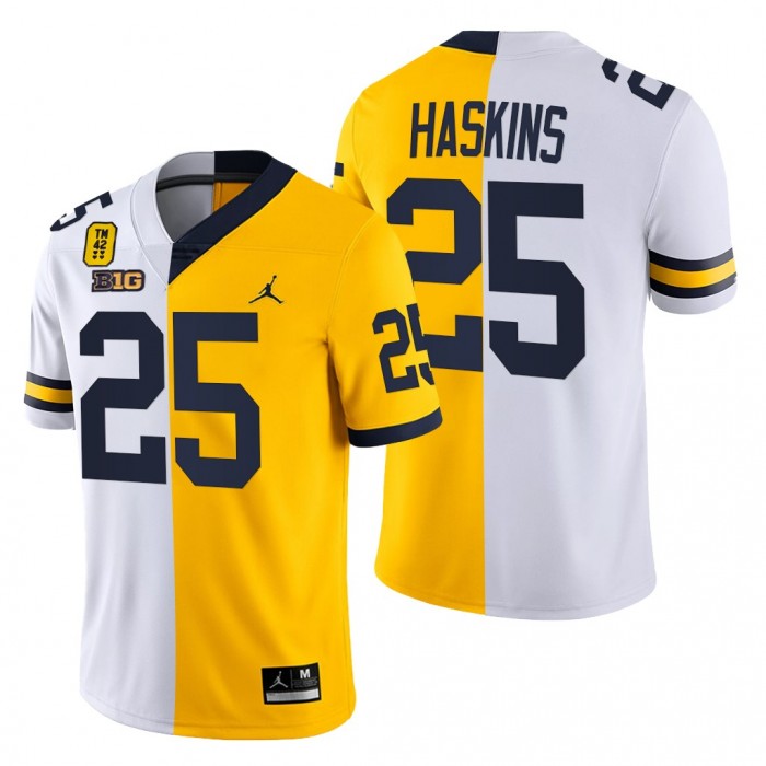 Michigan Wolverines Hassan Haskins 25 Jersey White Maize TM 42 Patch Split Limited Edition Uniform
