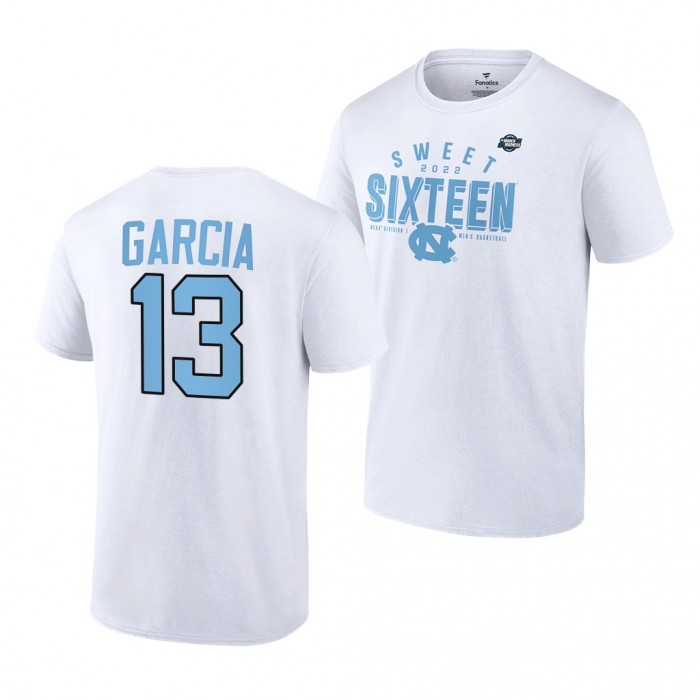 North Carolina Tar Heels Dawson Garcia 2022 NCAA March Madness 13 White Sweet 16 T-Shirt