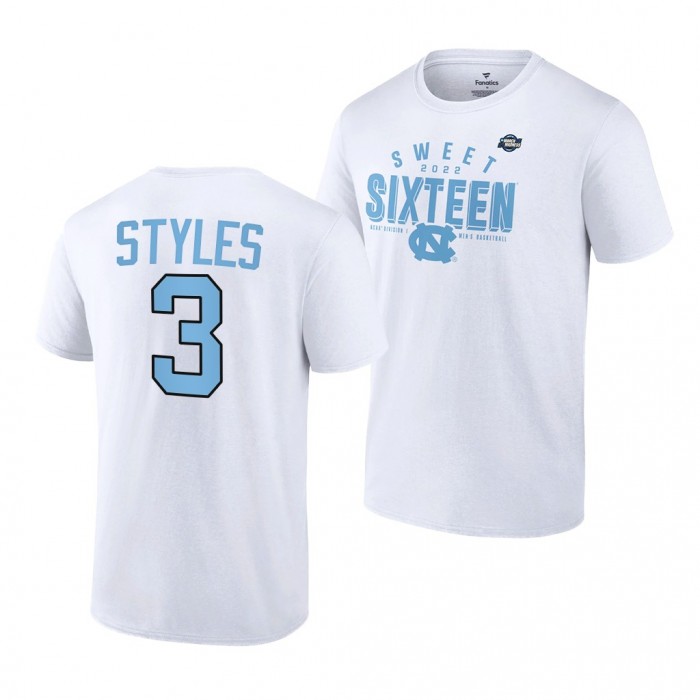 North Carolina Tar Heels Dontrez Styles 2022 NCAA March Madness 3 White Sweet 16 T-Shirt
