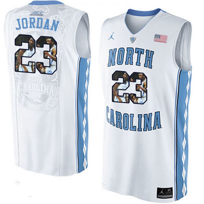 Male North Carolina Tar Heels Michael Jordan White NCAA Basketball Jersey With Player Pictorial