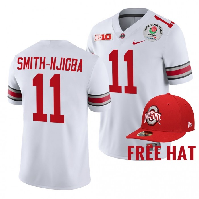 Ohio State Buckeyes Jaxon Smith-Njigba 2022 Rose Bowl White College Football Playoff Jersey Free Hat