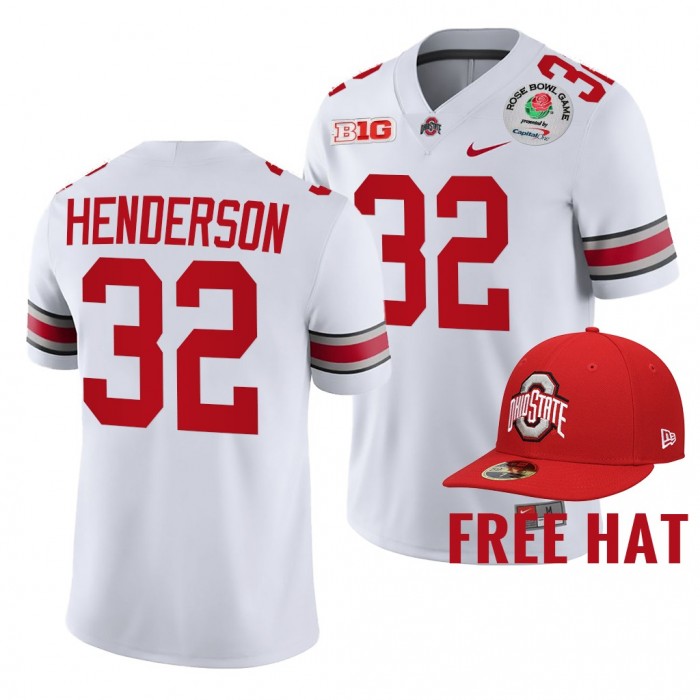 Ohio State Buckeyes TreVeyon Henderson 2022 Rose Bowl White College Football Playoff Jersey Free Hat