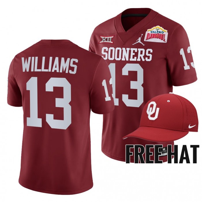 Oklahoma Sooners Caleb Williams 2021 Alamo Bowl Crimson CFP Jersey Free Hat