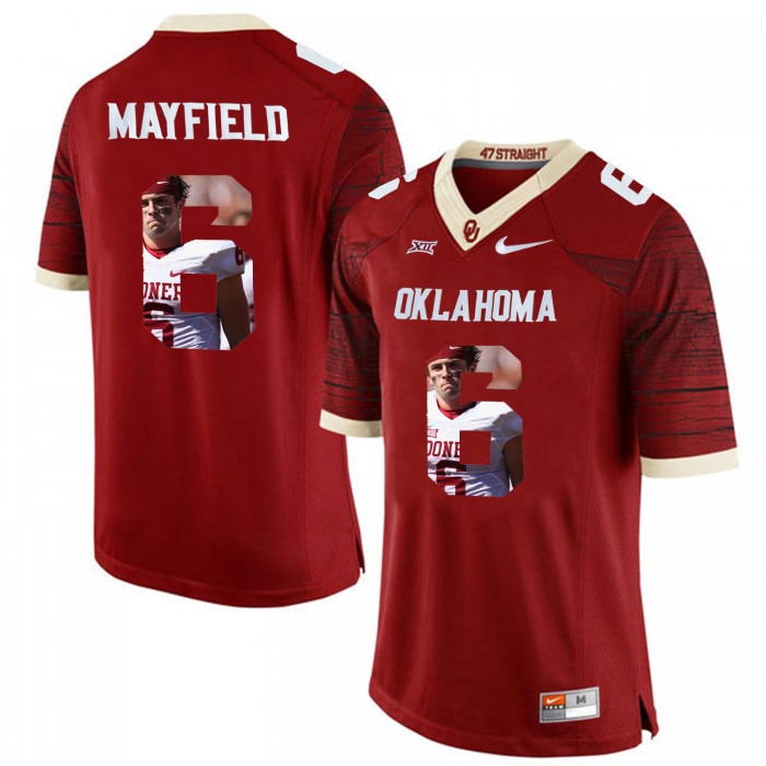 Male Oklahoma Sooners Baker Mayfield Criomson Football Jersey With Player Pictorial Big XII