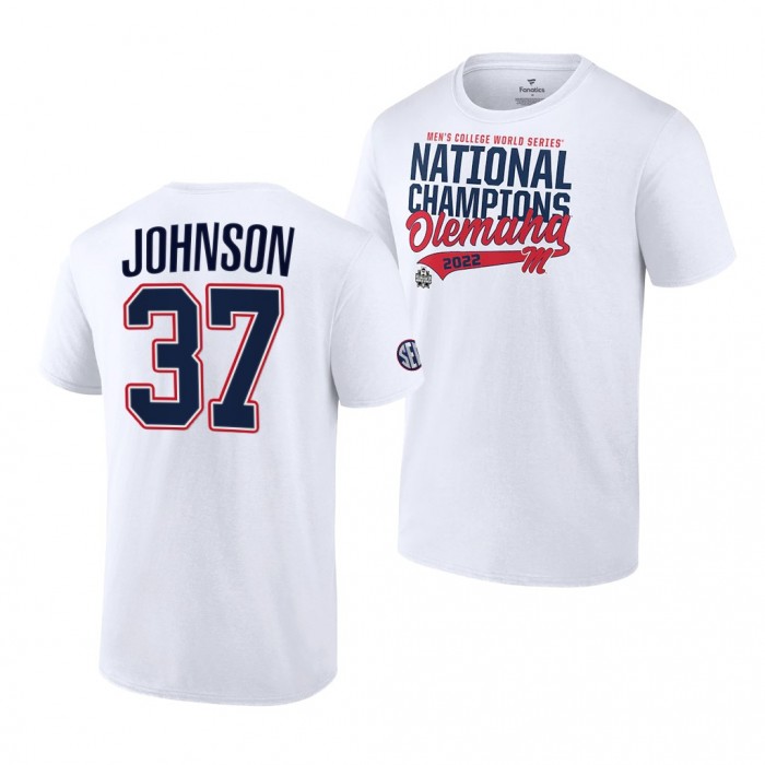 Ole Miss Rebels Brandon Johnson 2022 College World Series Champions #37 White NCAA Baseball T-Shirt
