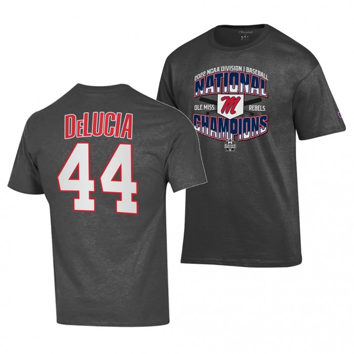 Ole Miss Rebels Dylan DeLucia 2022 College World Series Champions #44 Charcoal Locker Room T-Shirt