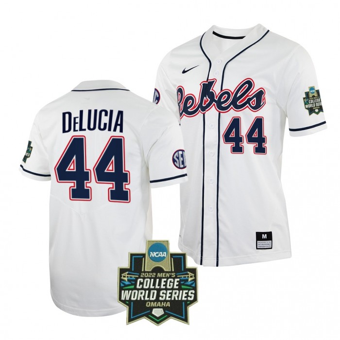 2022 College World Series Ole Miss Rebels #44 Dylan DeLucia White Baseball Jersey Men