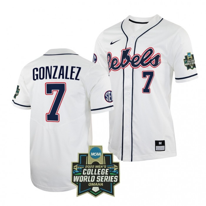 2022 College World Series Ole Miss Rebels #7 Jacob Gonzalez White Baseball Jersey Men