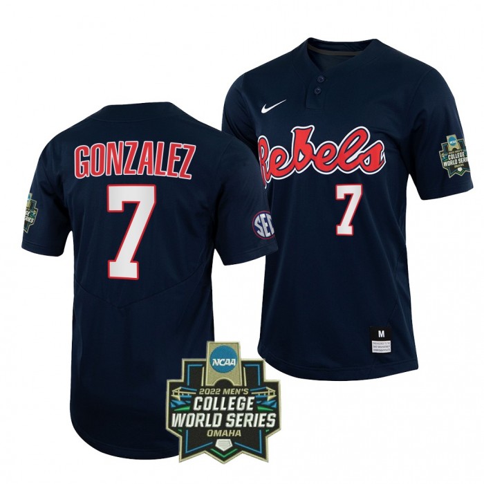 2022 College World Series Ole Miss Rebels Jacob Gonzalez #7 Navy Baseball Jersey Men