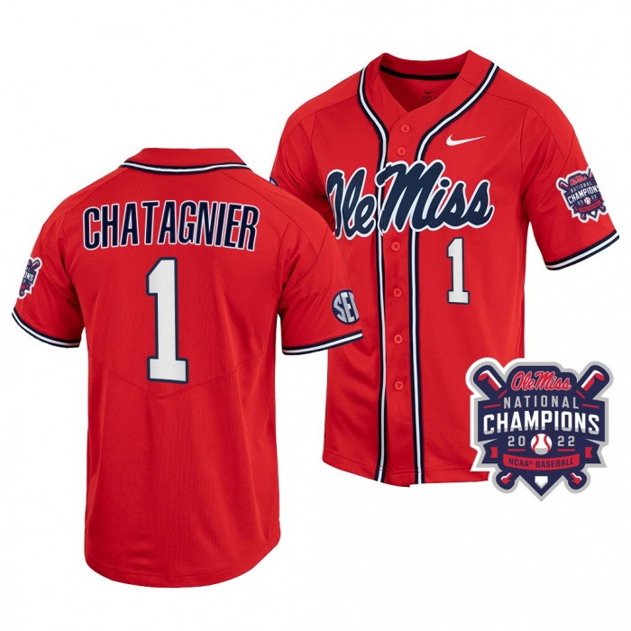 2022 College World Series Champions Ole Miss Rebels #1 Peyton Chatagnier Red NCAA Baseball Jersey Men