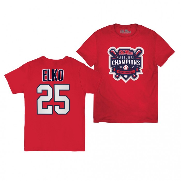Tim Elko Ole Miss Rebels 2022 College World Series Champions Official Logo T-Shirt Red #25