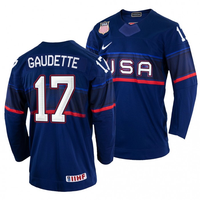 Adam Gaudette Navy USA 2022 IIHF World Championship Jersey