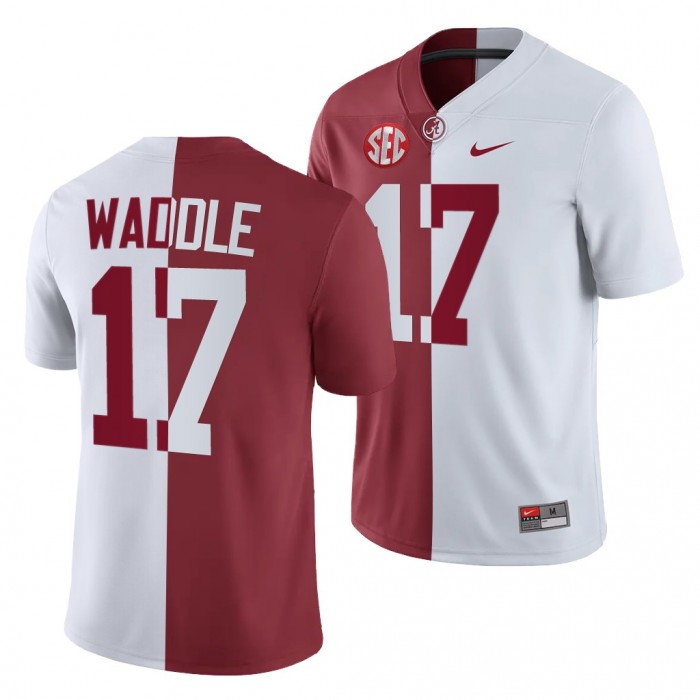Alabama Crimson Tide Jaylen Waddle 17 White Crimson Split Jersey For Men