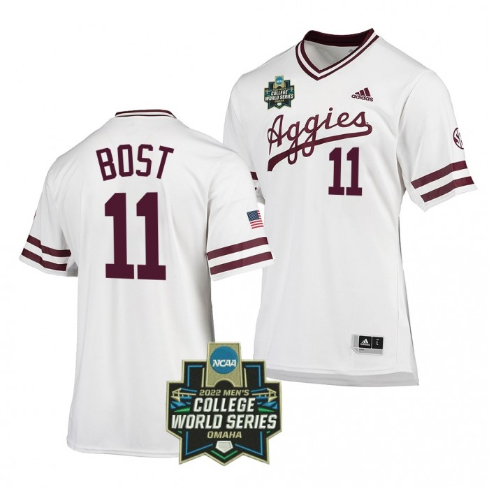2022 College World Series Texas A&M Aggies Austin Bost #11 White SEC Baseball Jersey Men