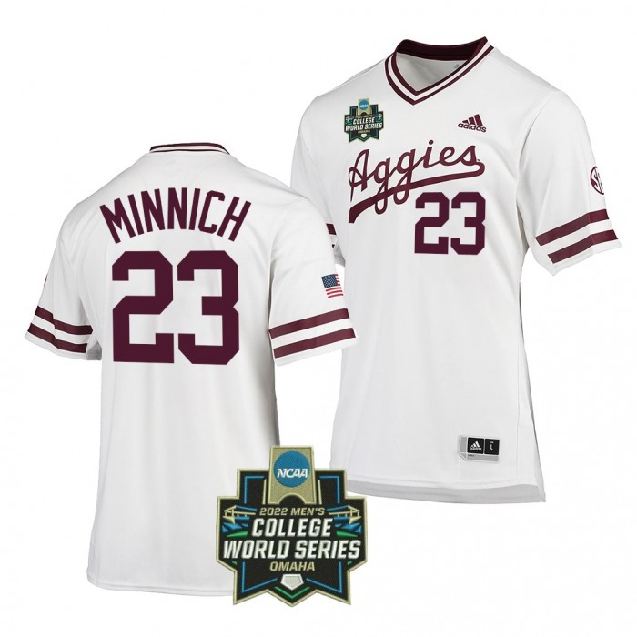 2022 College World Series Texas A&M Aggies Brett Minnich #23 White SEC Baseball Jersey Men