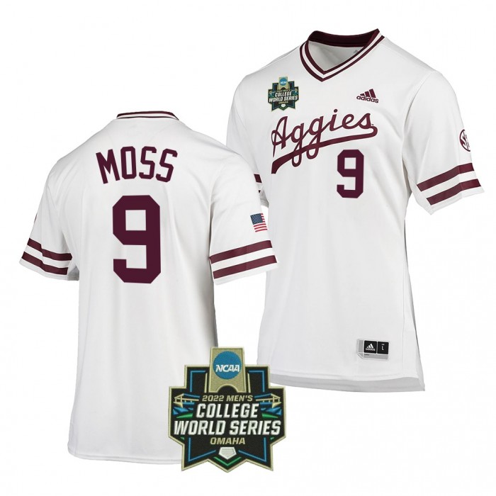 2022 College World Series Texas A&M Aggies Jack Moss #9 White SEC Baseball Jersey Men