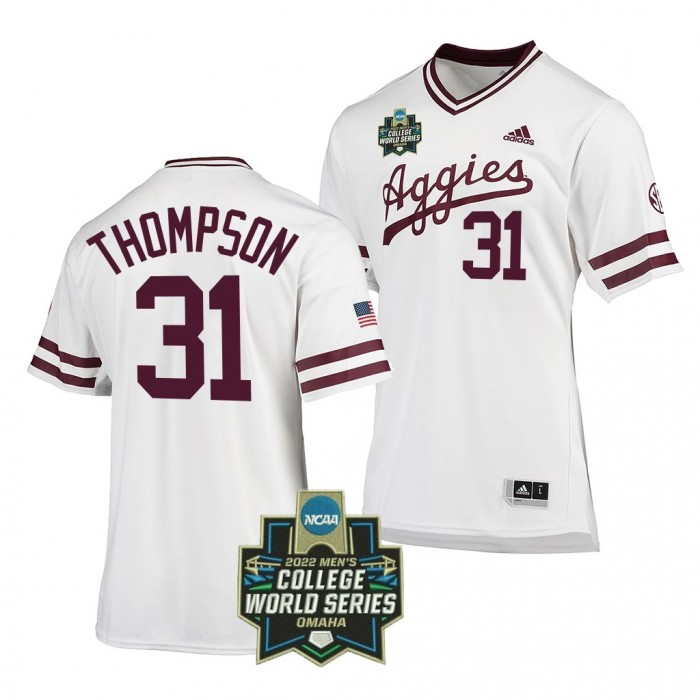 2022 College World Series Texas A&M Aggies Jordan Thompson #31 White SEC Baseball Jersey Men