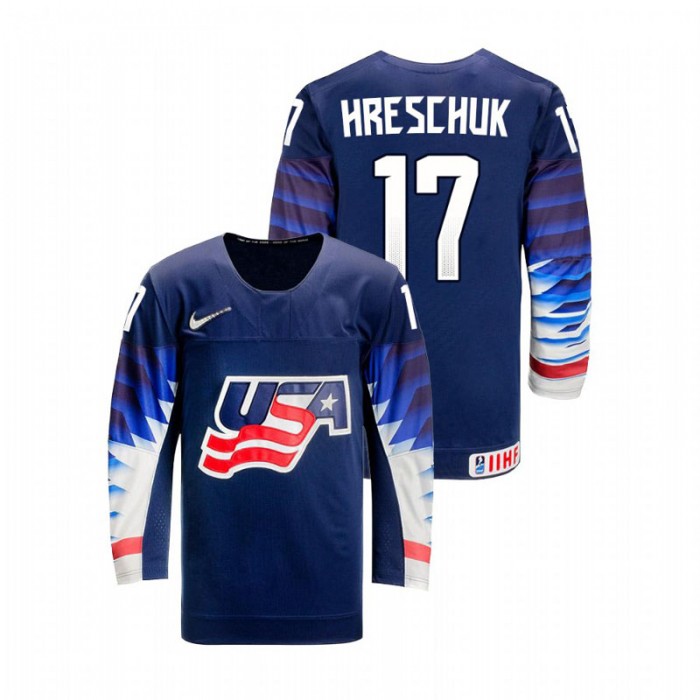 Aidan Hreschuk USA Team 2021 IIHF Ice Hockey U18 World Championship Navy Away Jersey
