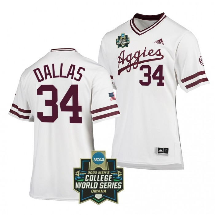 2022 College World Series Texas A&M Aggies Micah Dallas #34 White SEC Baseball Jersey Men
