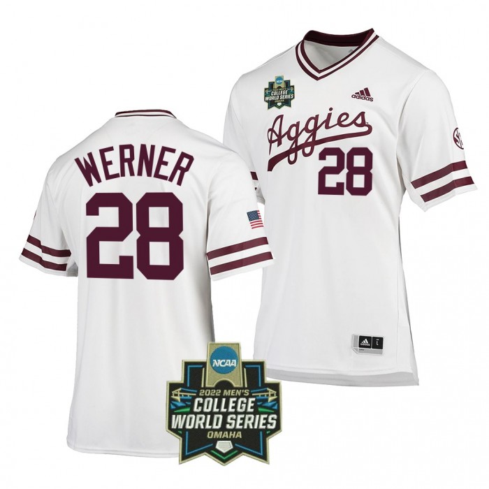 2022 College World Series Texas A&M Aggies Trevor Werner #28 White SEC Baseball Jersey Men