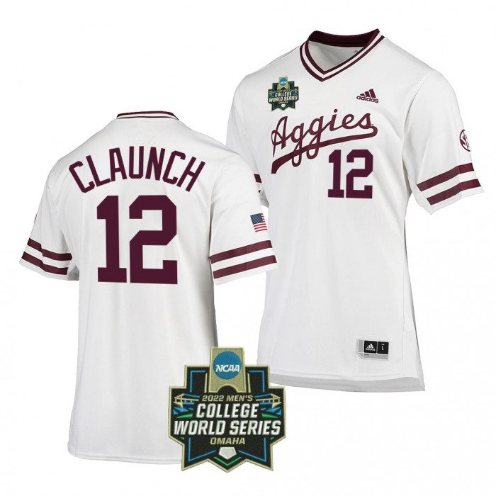 2022 College World Series Texas A&M Aggies Troy Claunch #12 White SEC Baseball Jersey Men
