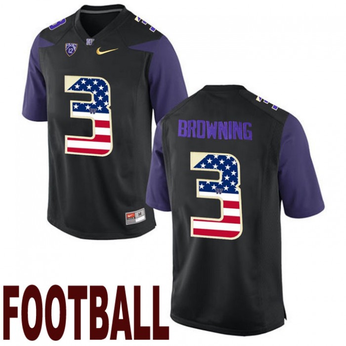 Washington Huskies #3 Jake Browning Black USA Flag College Football Fashion Jersey