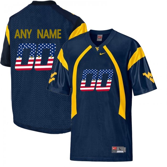 Male West Virginia Mountaineers #00 Navy Blue Custom College Football Limited Jersey US Flag Fashion