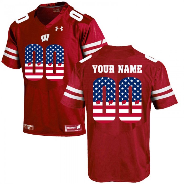 Male Wisconsin Badgers #00 Red Custom College Football Limited Jersey US Flag Fashion