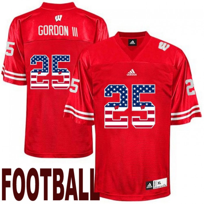 Wisconsin Badgers #25 Melvin Gordon III Red USA Flag College Football Fashion Jersey