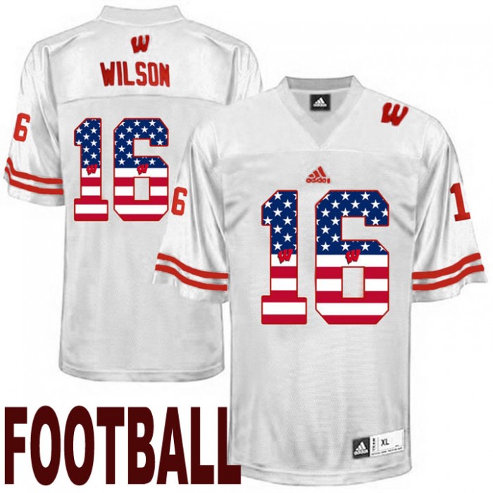 Wisconsin Badgers #16 Russell Wilson White USA Flag College Football Fashion Jersey